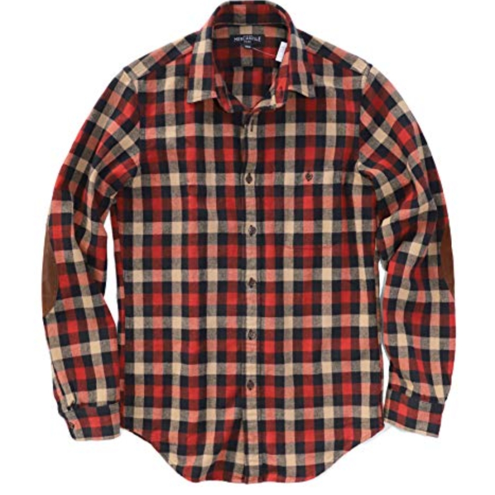 J. Crew Men's Long-Sleeve Elbow Patch Orange Black Flannel Plaid Shirt size M